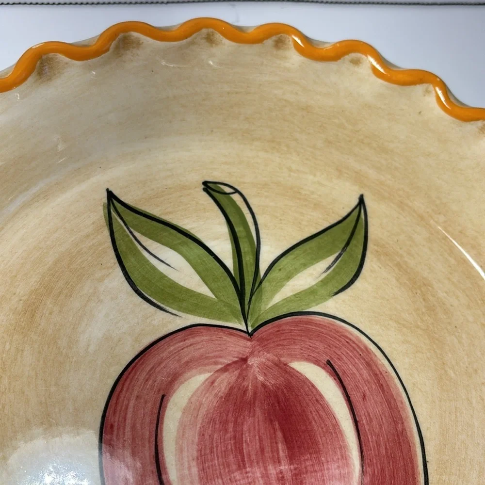 Los Angeles Potteries Ovenware Apple Pie Dish 9” Cream Tan Yellow Trim VTG 1971